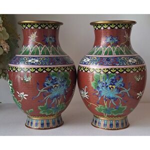 Pair Large Antique Chinese Cloisonné Enamel Vases 10"1/2